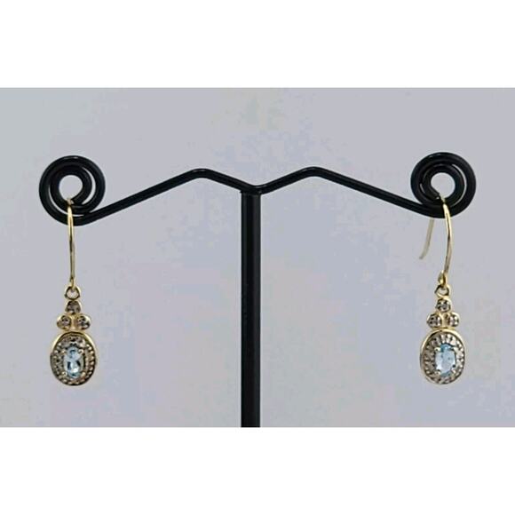 18k Yellow Gold Plated Silver Genuine Blue Topaz Diamond Dangle Hook Earrings - Picture 2 of 7